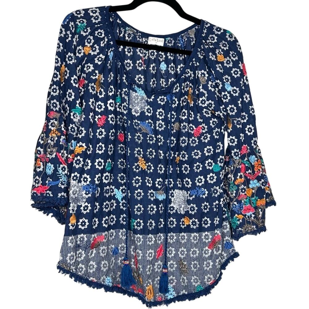 Lula Soul Floral Embroidered Peasant Top Boho Blouse with Tassels Size Small